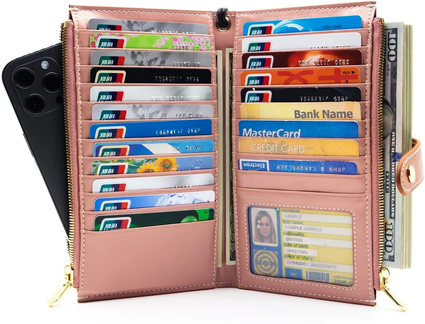 ANDOILT Wallet Women Men RFID Blocking Genuine Leather Bifold Multi Card Organizer Wristlet Purse with Zipper Pocket Cell Phone Handbag Pink