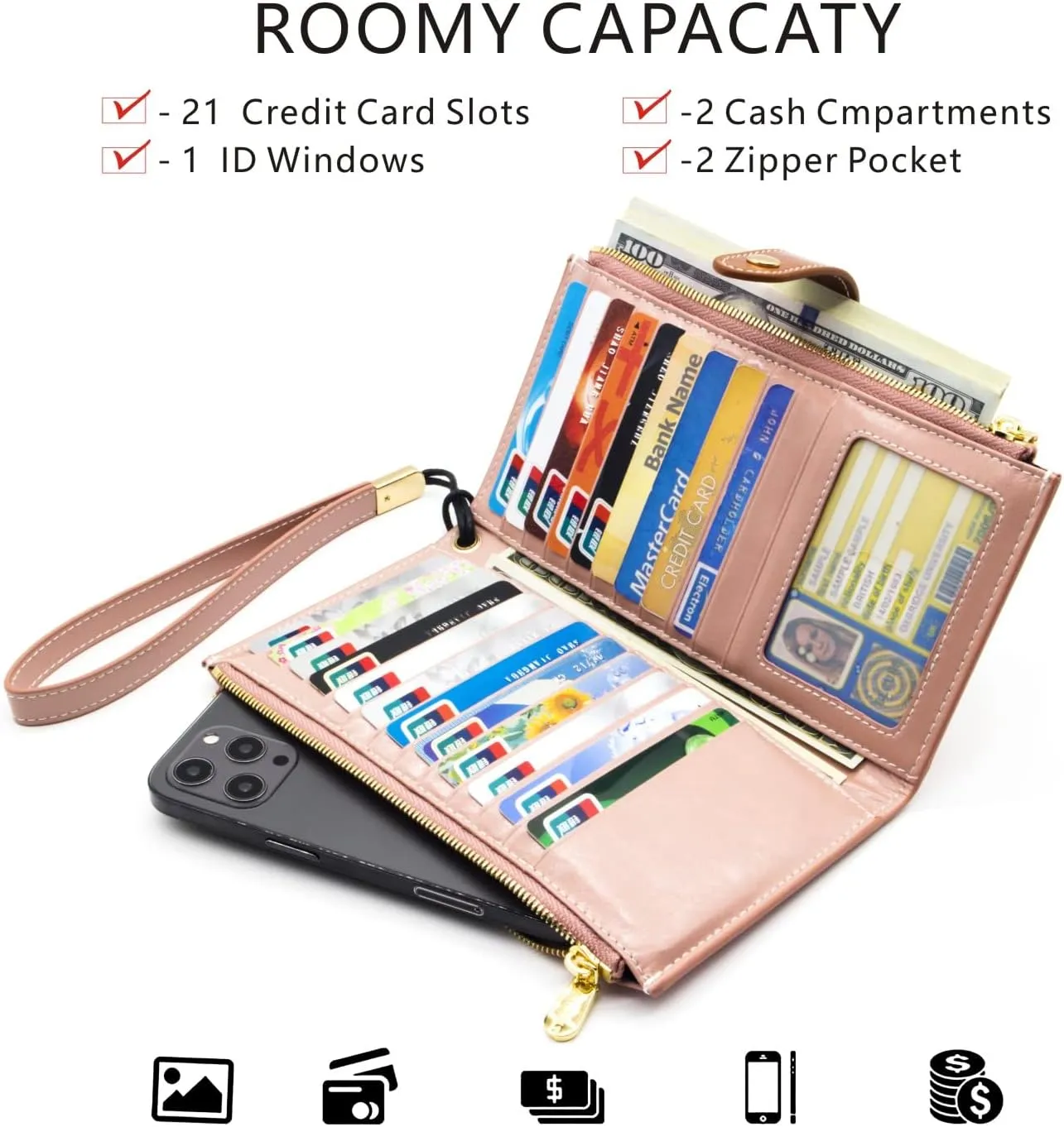 ANDOILT Wallet Women Men RFID Blocking Genuine Leather Bifold Multi Card Organizer Wristlet Purse with Zipper Pocket Cell Phone Handbag Pink