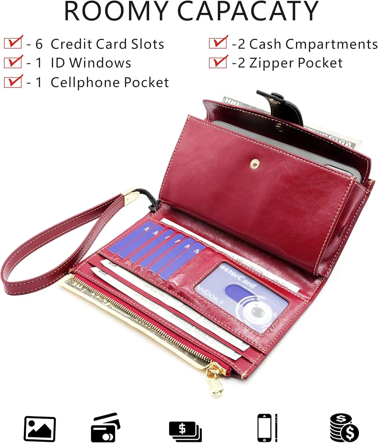 ANDOILT Wallet Women RFID Blocking Genuine Leather Bifold Multi Card Organizer Wristlet Purse Cell Phone Handbag