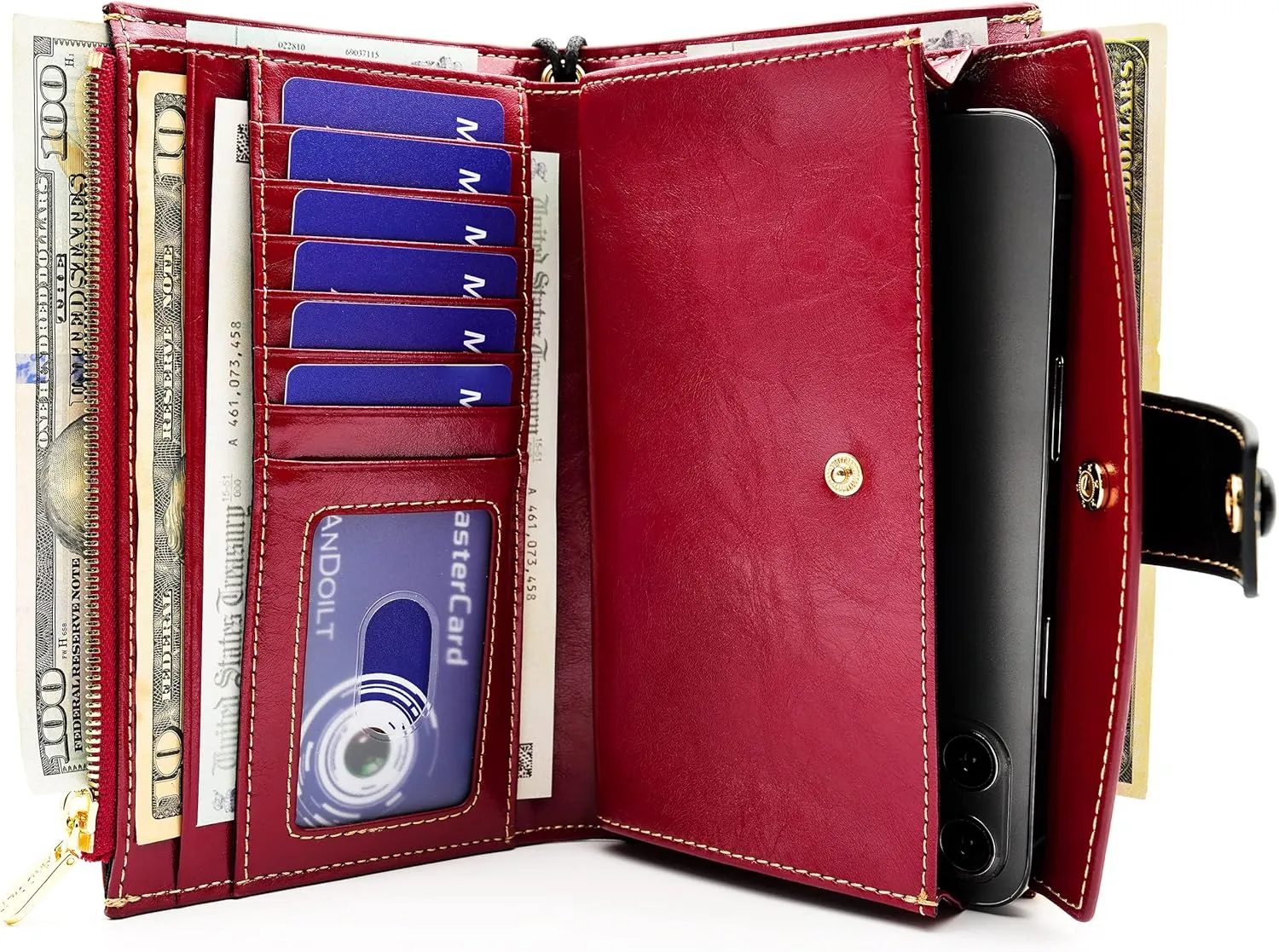 ANDOILT Wallet Women RFID Blocking Genuine Leather Bifold Multi Card Organizer Wristlet Purse Cell Phone Handbag