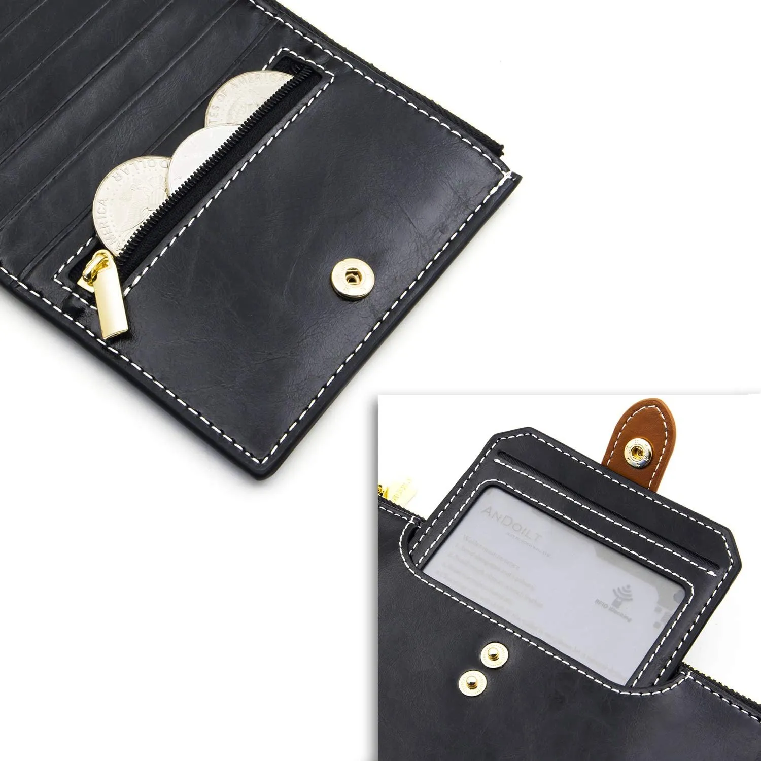 ANDOILT Wallets for Women Genuine Leather Wallet RFID Blocking Bifold Multi Card Case Purse with Zipper Pocket Handbag