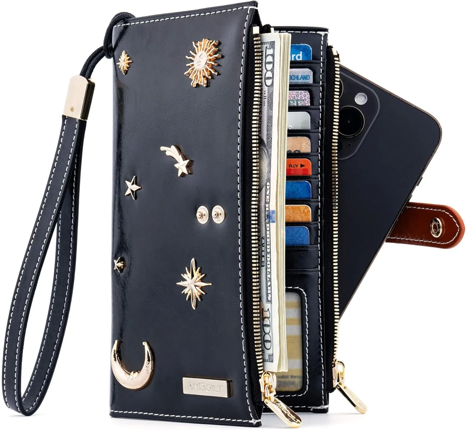ANDOILT Women's Genuine Leather Wallet RFID Blocking Credit Card Holder Zipper Purse Cell Phone Handbag
