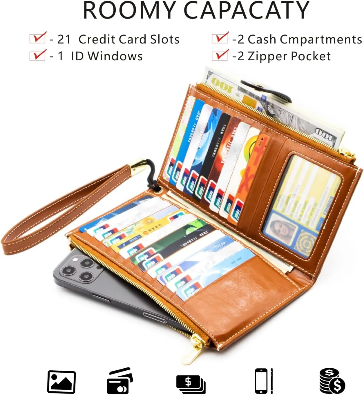 ANDOILT Women's Genuine Leather Wallet RFID Blocking Credit Card Holder Zipper Purse Cell Phone Handbag