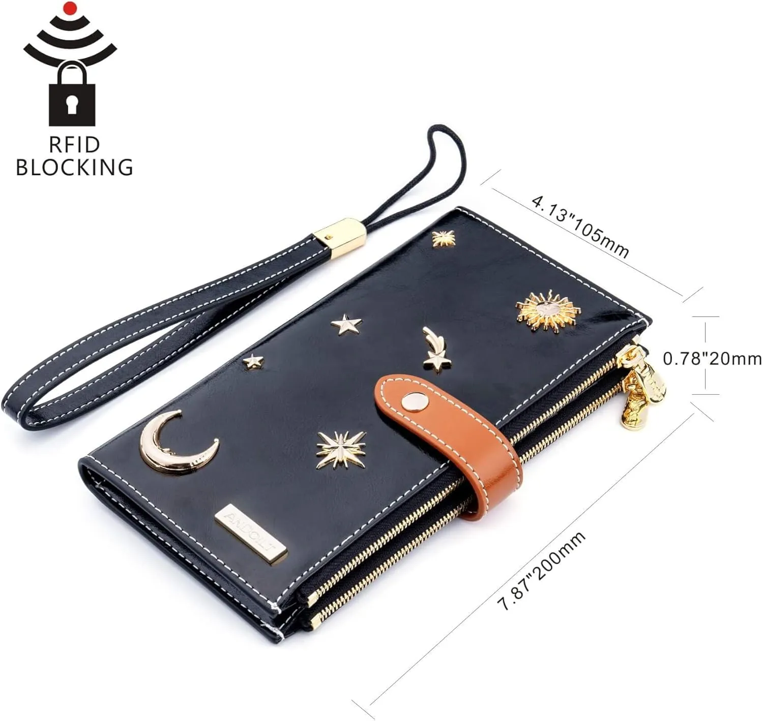 ANDOILT Women's Genuine Leather Wallet RFID Blocking Credit Card Holder Zipper Purse Cell Phone Handbag