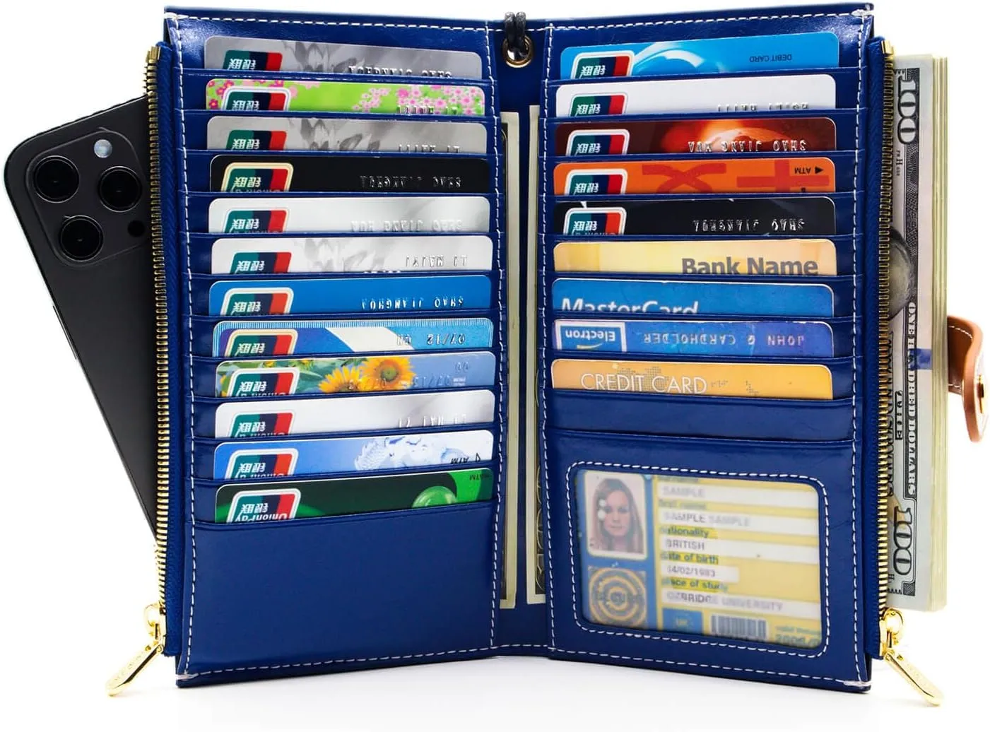 ANDOILT Women's Genuine Leather Wallet RFID Blocking Credit Card Holder Zipper Purse Cell Phone Handbag