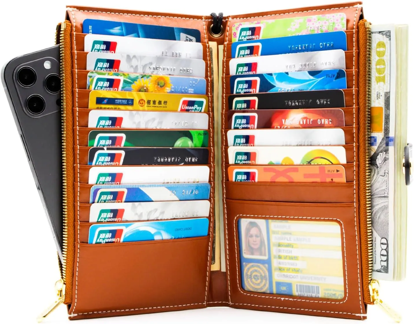 ANDOILT Women's Genuine Leather Wallet RFID Blocking Credit Card Holder Zipper Purse Cell Phone Handbag