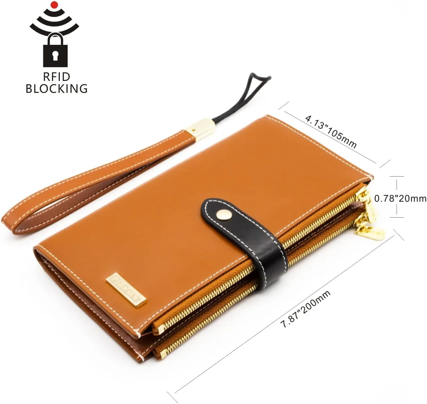 ANDOILT Women's Genuine Leather Wallet RFID Blocking Credit Card Holder Zipper Purse Cell Phone Handbag
