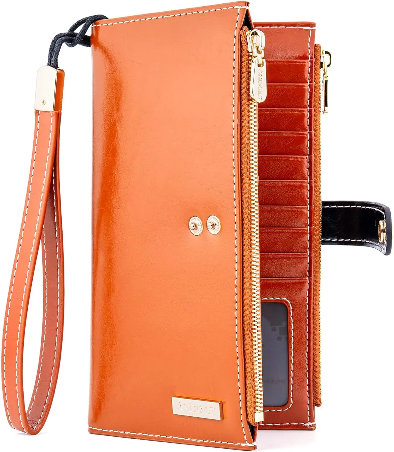 ANDOILT Women's Genuine Leather Wallet RFID Blocking Credit Card Holder Zipper Purse Cell Phone Handbag