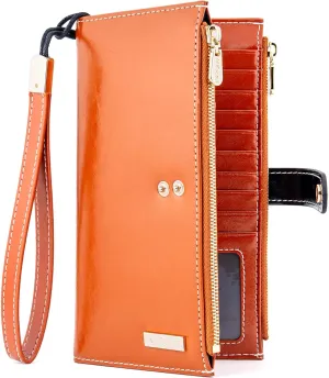 ANDOILT Women's Genuine Leather Wallet RFID Blocking Credit Card Holder Zipper Purse Cell Phone Handbag