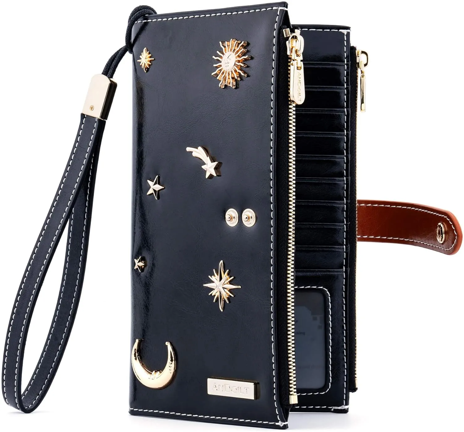 ANDOILT Women's Genuine Leather Wallet RFID Blocking Credit Card Holder Zipper Purse Cell Phone Handbag