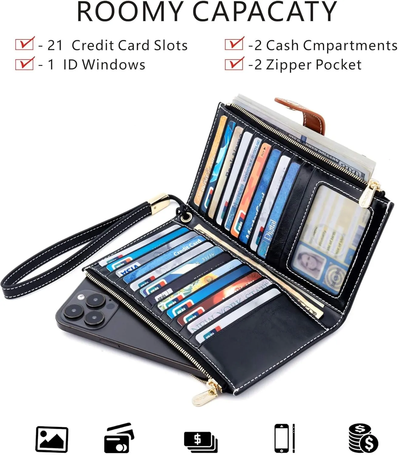 ANDOILT Women's Genuine Leather Wallet RFID Blocking Credit Card Holder Zipper Purse Cell Phone Handbag