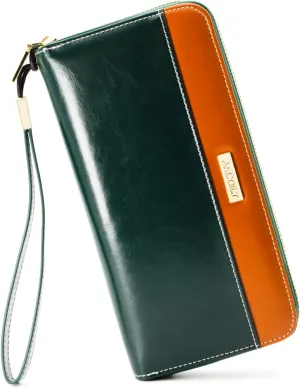 ANDOILT Womens RFID Blocking Genuine Leather Zip Around Wallets Large Cell Phone Holder Clutch Travel Purse Wristlet