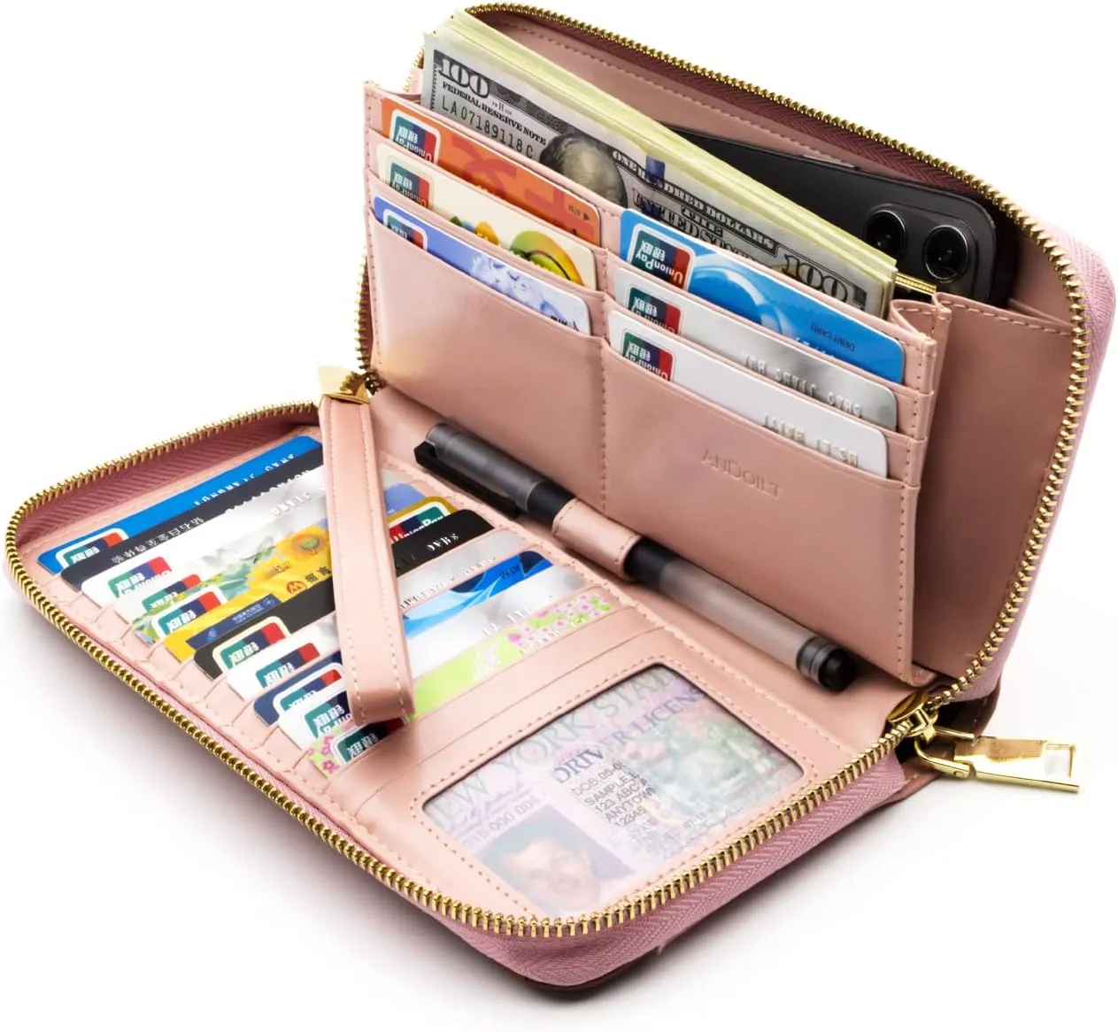 ANDOILT Womens RFID Blocking Genuine Leather Zip Around Wallets Large Cell Phone Holder Clutch Travel Purse Wristlet