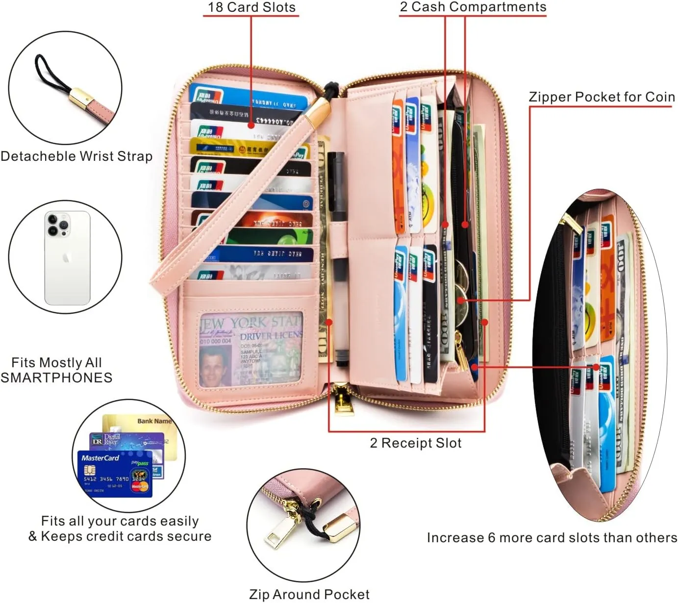 ANDOILT Womens RFID Blocking Genuine Leather Zip Around Wallets Large Cell Phone Holder Clutch Travel Purse Wristlet