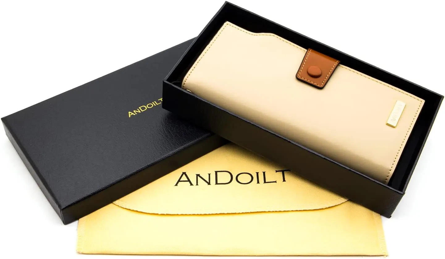 ANDOILT Women's RFID Blocking Large Capacity Luxury Wax Genuine Leather Clutch Wallet Card Holder Organizer Ladies Purse
