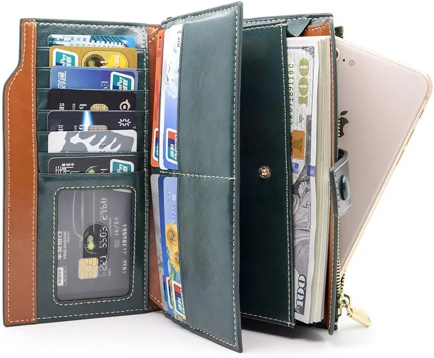 ANDOILT Women's RFID Blocking Large Capacity Luxury Wax Genuine Leather Clutch Wallet Card Holder Organizer Ladies Purse