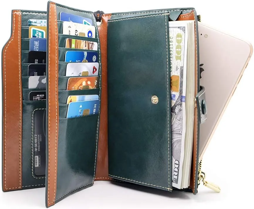 ANDOILT Women's RFID Blocking Large Capacity Luxury Wax Genuine Leather Clutch Wallet Card Holder Organizer Ladies Purse