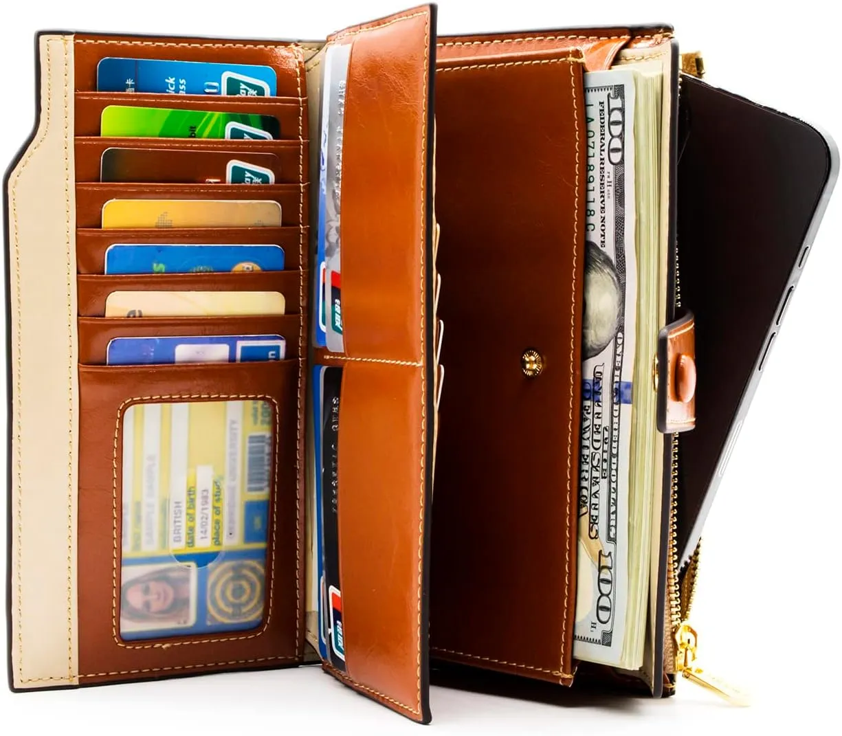 ANDOILT Women's RFID Blocking Large Capacity Luxury Wax Genuine Leather Clutch Wallet Card Holder Organizer Ladies Purse