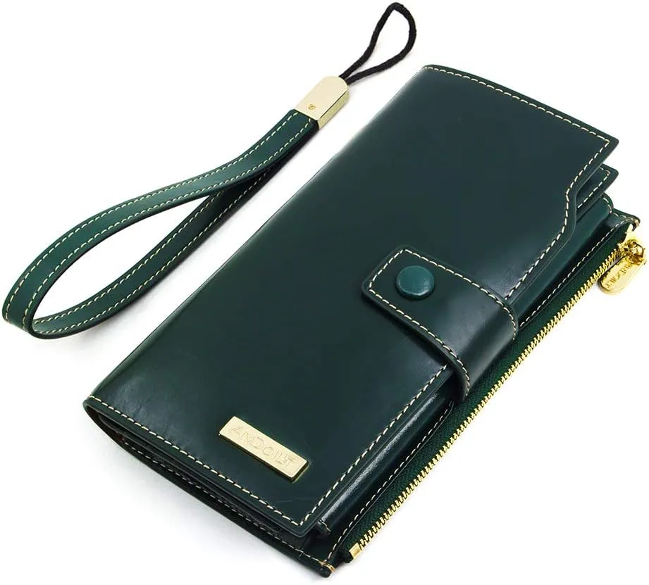 ANDOILT Women's RFID Blocking Large Capacity Luxury Wax Genuine Leather Clutch Wallet Card Holder Organizer Ladies Purse