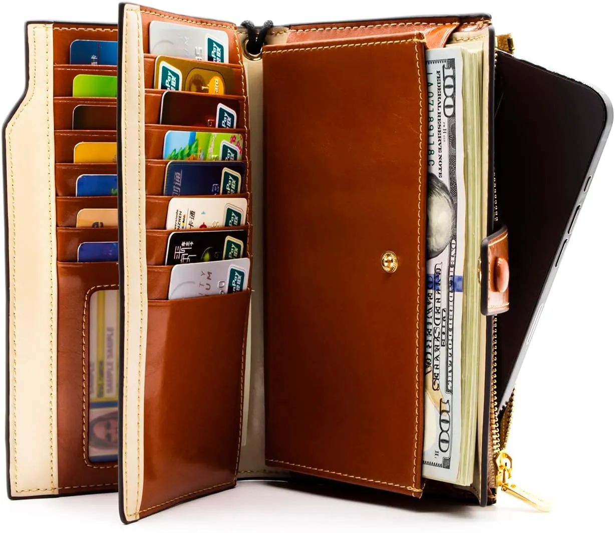 ANDOILT Women's RFID Blocking Large Capacity Luxury Wax Genuine Leather Clutch Wallet Card Holder Organizer Ladies Purse