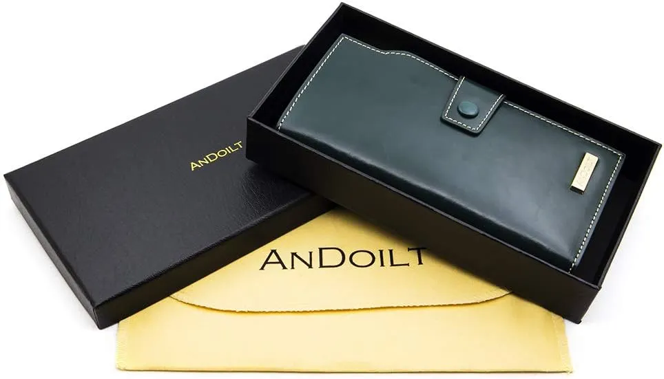 ANDOILT Women's RFID Blocking Large Capacity Luxury Wax Genuine Leather Clutch Wallet Card Holder Organizer Ladies Purse