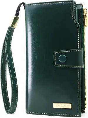 ANDOILT Women's RFID Blocking Large Capacity Luxury Wax Genuine Leather Clutch Wallet Card Holder Organizer Ladies Purse