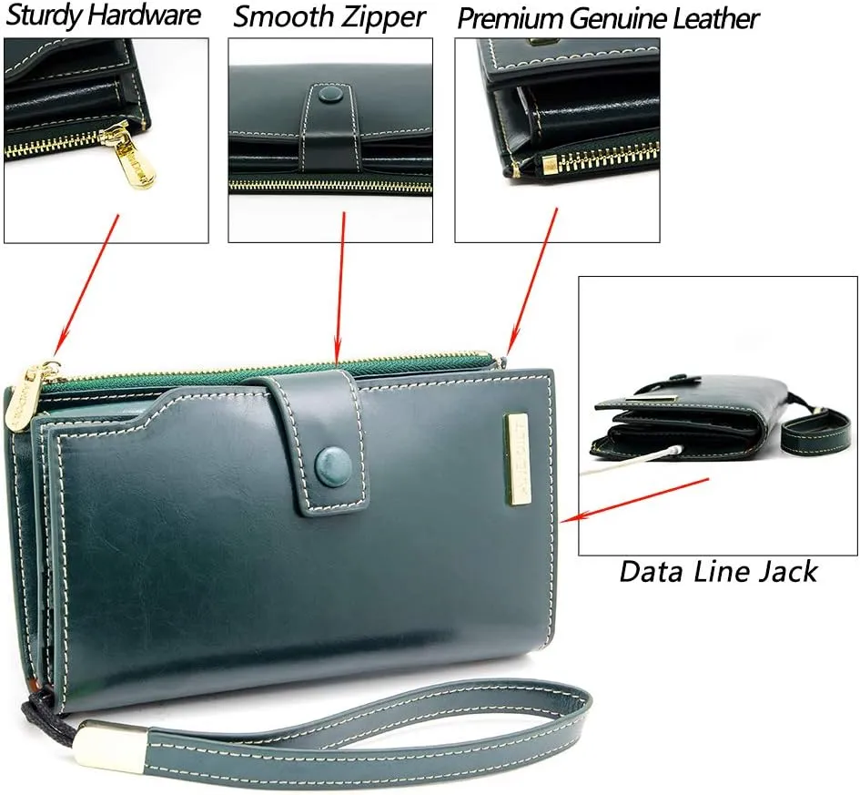 ANDOILT Women's RFID Blocking Large Capacity Luxury Wax Genuine Leather Clutch Wallet Card Holder Organizer Ladies Purse