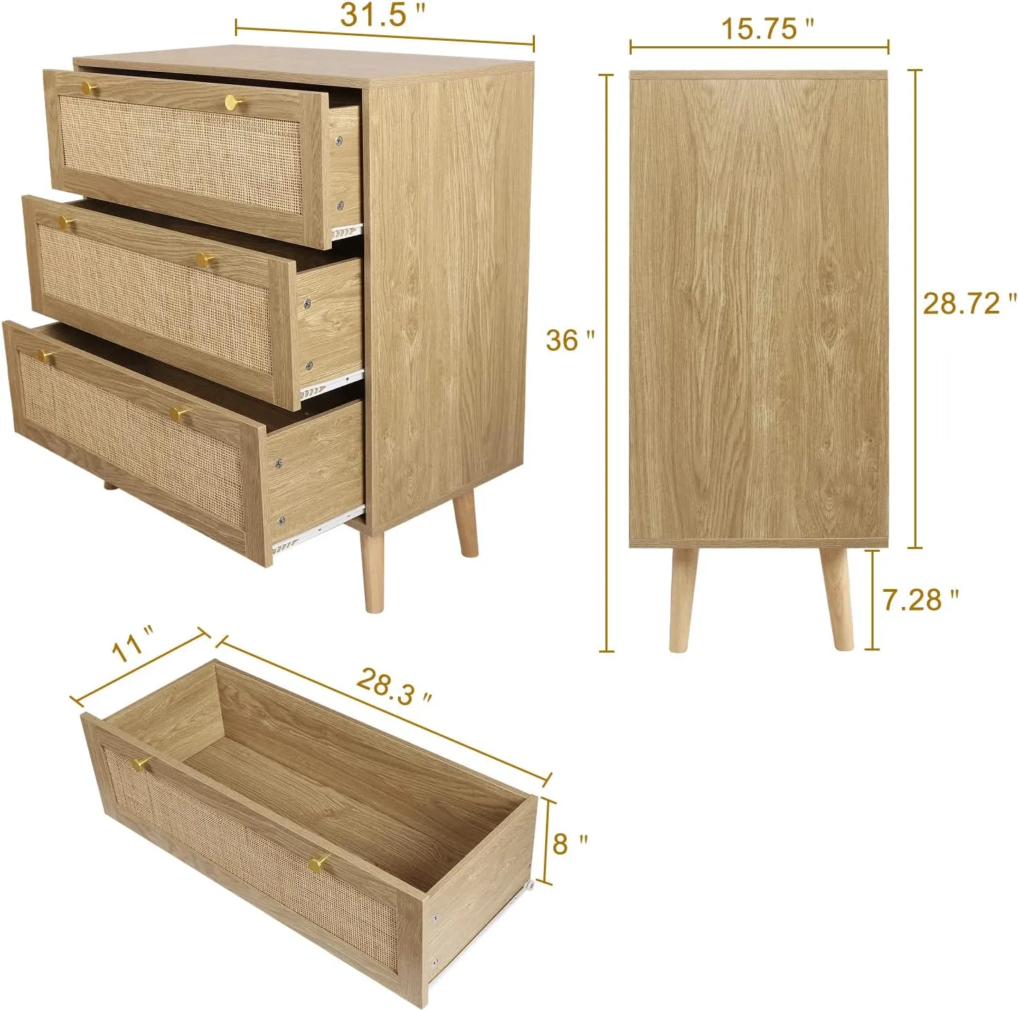 Anmytek 2pcs 3 Drawer Dresser for Bedroom, Rattan Chest of Dressers, Modern Wooden Dresser Wide Chest of Drawers with Golden Handles, 3 Drawer Dresser Storage Chest Organizers for Living Room, Hallway
