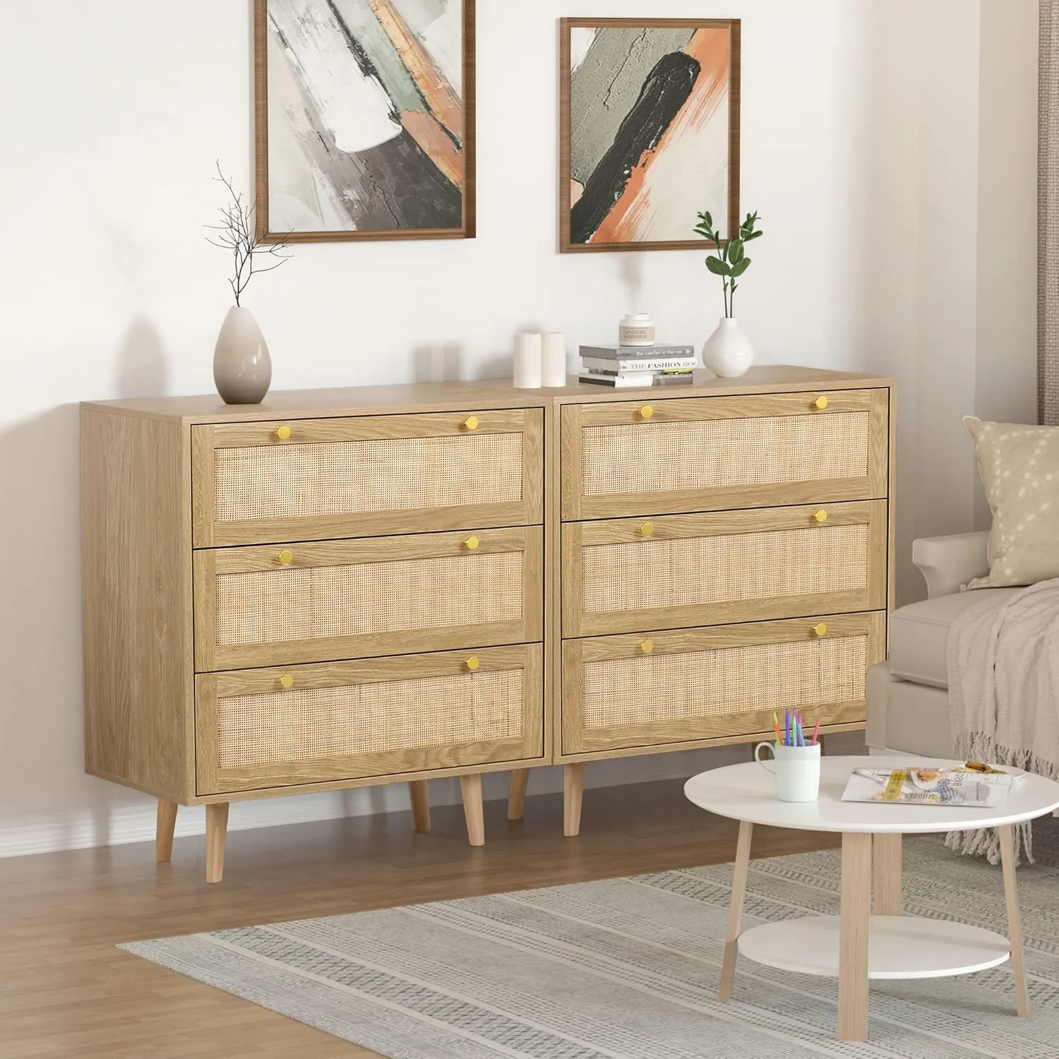 Anmytek 2pcs 3 Drawer Dresser for Bedroom, Rattan Chest of Dressers, Modern Wooden Dresser Wide Chest of Drawers with Golden Handles, 3 Drawer Dresser Storage Chest Organizers for Living Room, Hallway