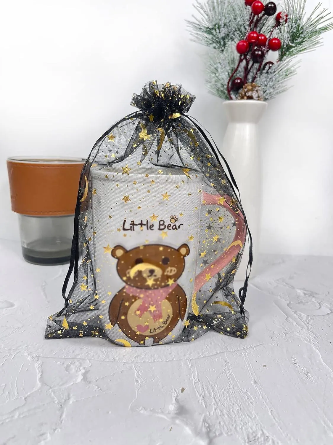 ANSLEY SHOP 50PCS 12x16 Inches Organza Gift Bags with Drawstring Gift Packaging Big Bags (Black,Stars Moon)