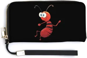 Ant Long Wallet PU Leather Credit Card Holder Minimalist Coin Purse with Hand Strap