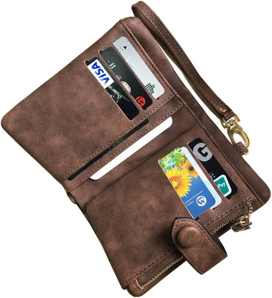 AOXONEL Women's Small Bifold Leather wallet Rfid blocking Ladies Wristlet with Card holder id window Coin Purse