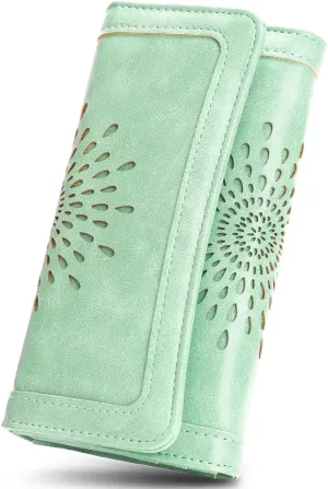 APHISON Womens Wallets RFID Blocking Leather Clutch Long Wallet for Women Card Holder Phone Organizer Ladies Travel Purse Hollow Out Sunflower Design Gift