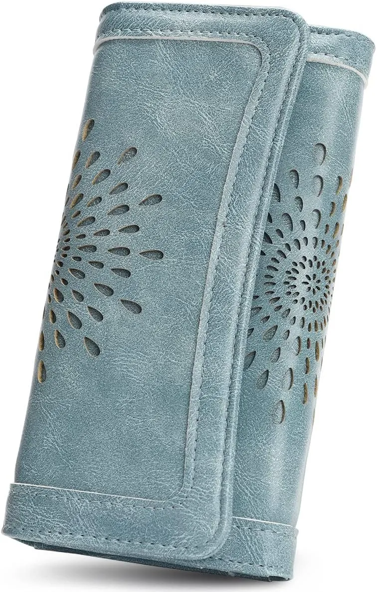 APHISON Womens Wallets RFID Blocking Leather Clutch Long Wallet for Women Card Holder Phone Organizer Ladies Travel Purse Hollow Out Sunflower Design Gift