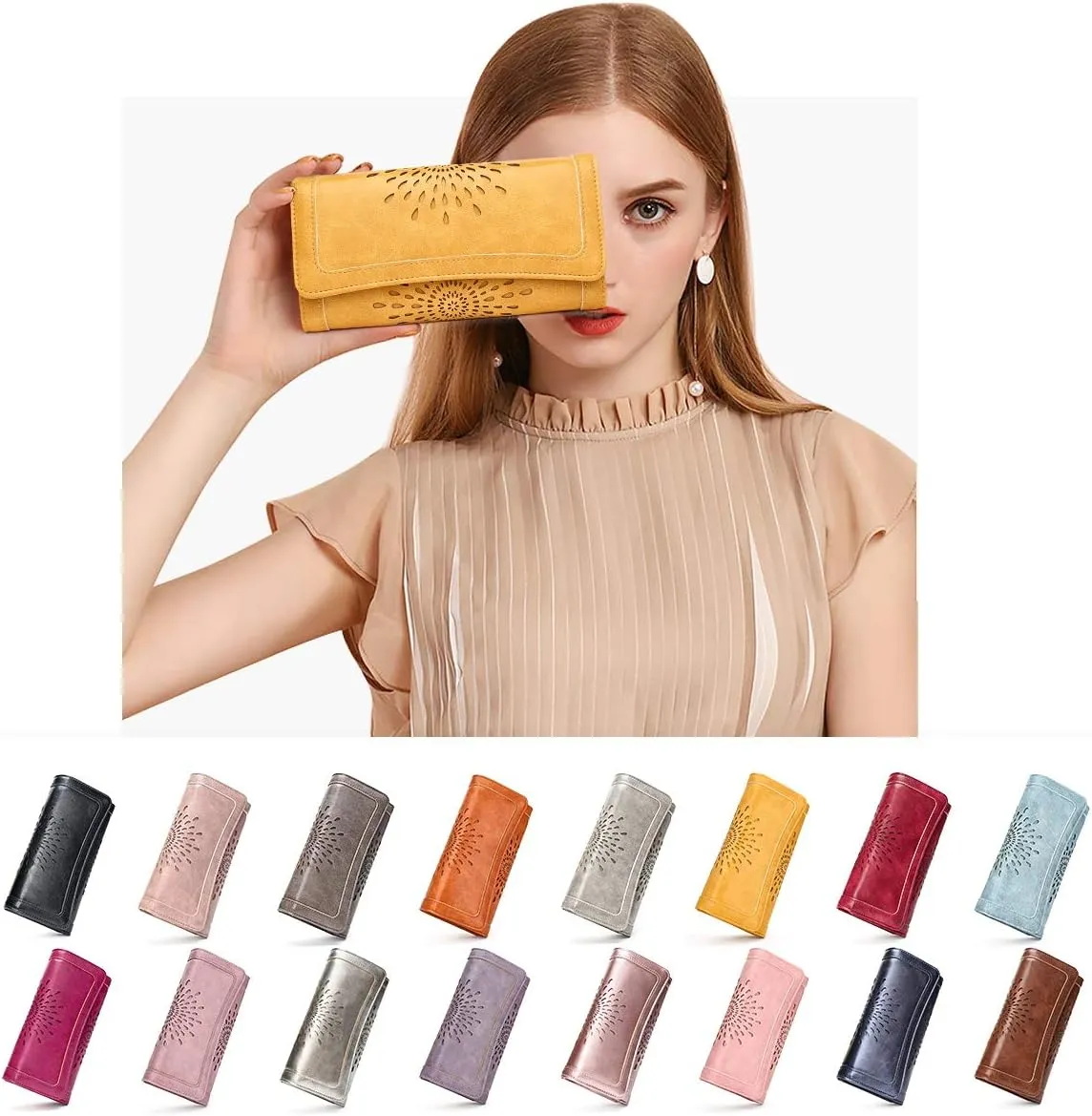 APHISON Womens Wallets RFID Blocking Leather Clutch Long Wallet for Women Card Holder Phone Organizer Ladies Travel Purse Hollow Out Sunflower Design Gift