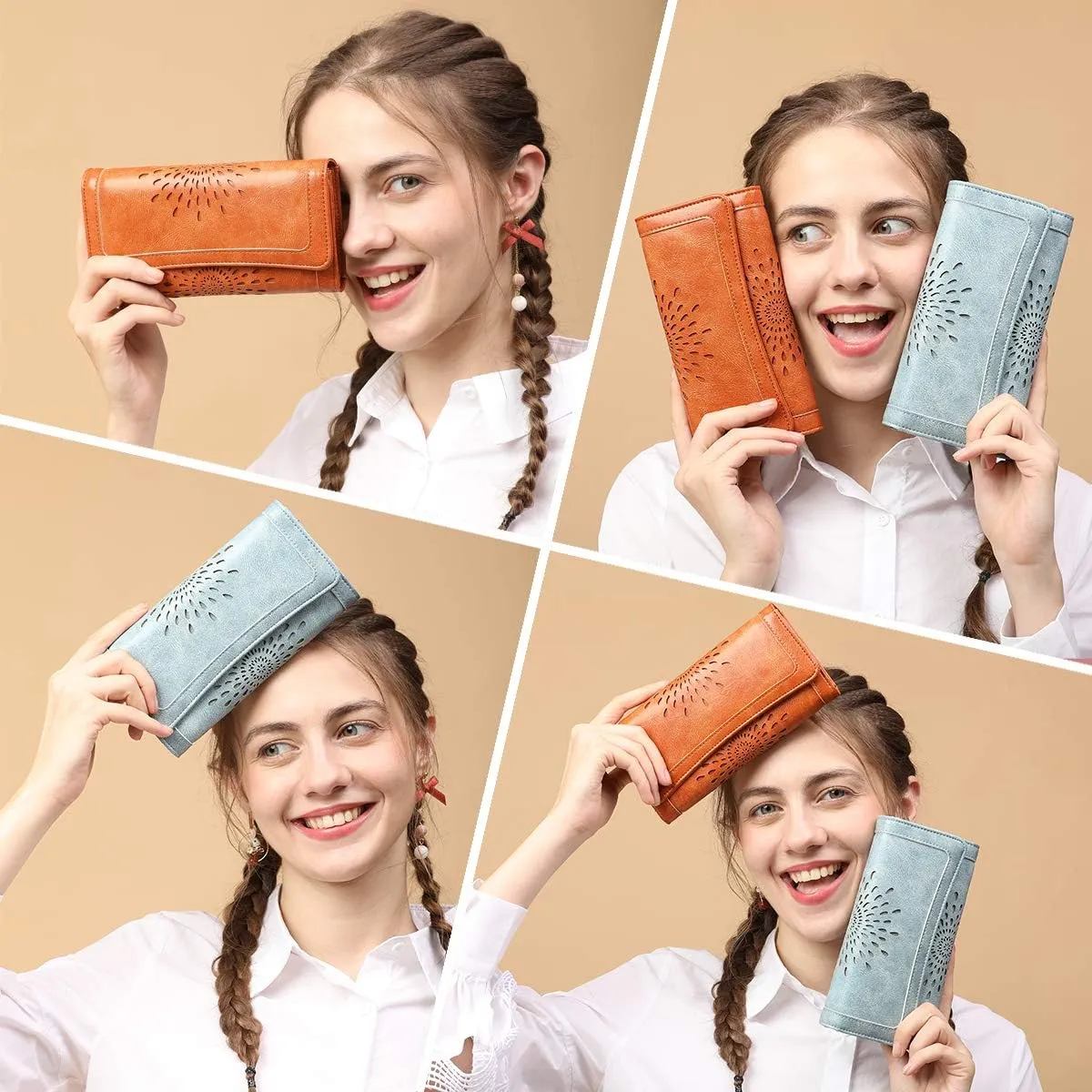 APHISON Womens Wallets RFID Blocking Leather Clutch Long Wallet for Women Card Holder Phone Organizer Ladies Travel Purse Hollow Out Sunflower Design Gift
