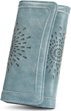 APHISON Womens Wallets RFID Blocking Leather Clutch Long Wallet for Women Card Holder Phone Organizer Ladies Travel Purse Hollow Out Sunflower Design Gift