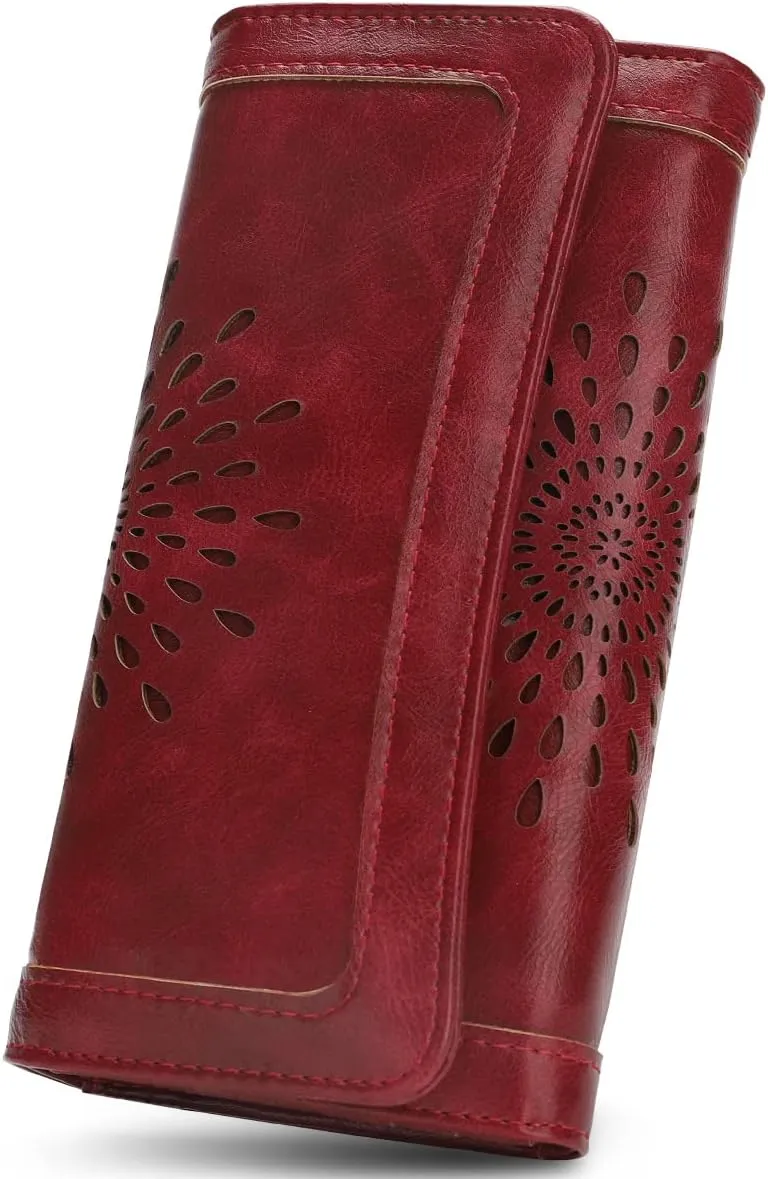 APHISON Womens Wallets RFID Blocking Leather Clutch Long Wallet for Women Card Holder Phone Organizer Ladies Travel Purse Hollow Out Sunflower Design Gift