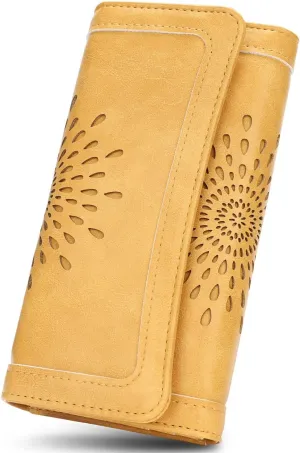 APHISON Womens Wallets RFID Blocking Leather Clutch Long Wallet for Women Card Holder Phone Organizer Ladies Travel Purse Hollow Out Sunflower Design Gift