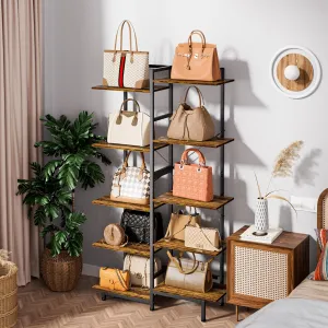 Aquzee Shoe and Purse Rack Organizer, 5-Tier Tall Wood Bag Rack Stand Shelf for Display, Vertical Shoe and Backpack Shelves for Boots Entryway Closet