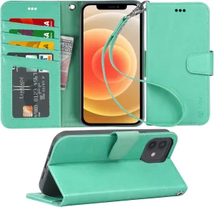 Arae Case for iPhone 12 and iPhone 12 Pro Wallet Case Flip Cover with Card Holder and Wrist Strap for iPhone 12/12 Pro 6.1 inch - Green