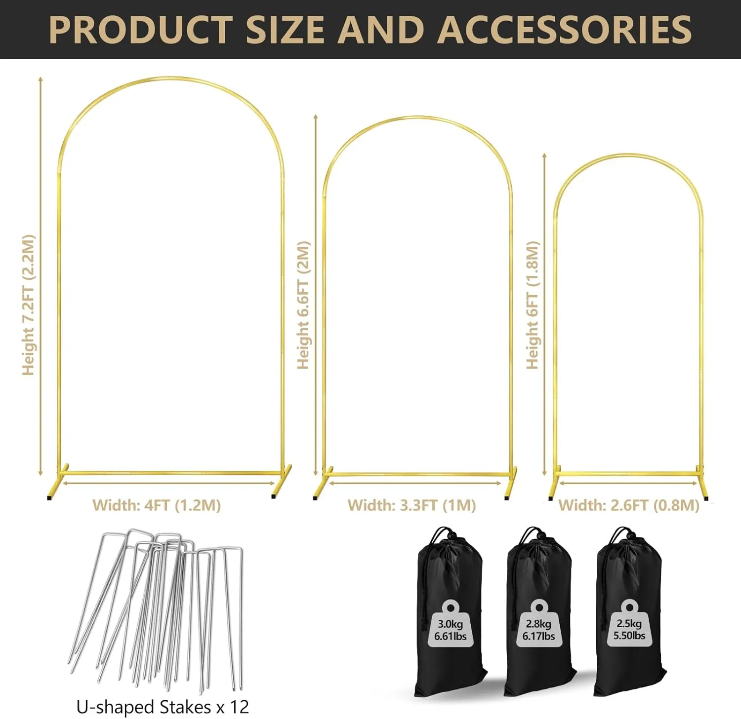 Arch Backdrop Stand Set of 3 Gold Wedding Arches for Ceremony Bridal Arch Stand 7.2FT & 6.6FT & 6FT Garden Arbor Frame for Wedding Birthday Party Baby Shower Photo Booth Background Decor