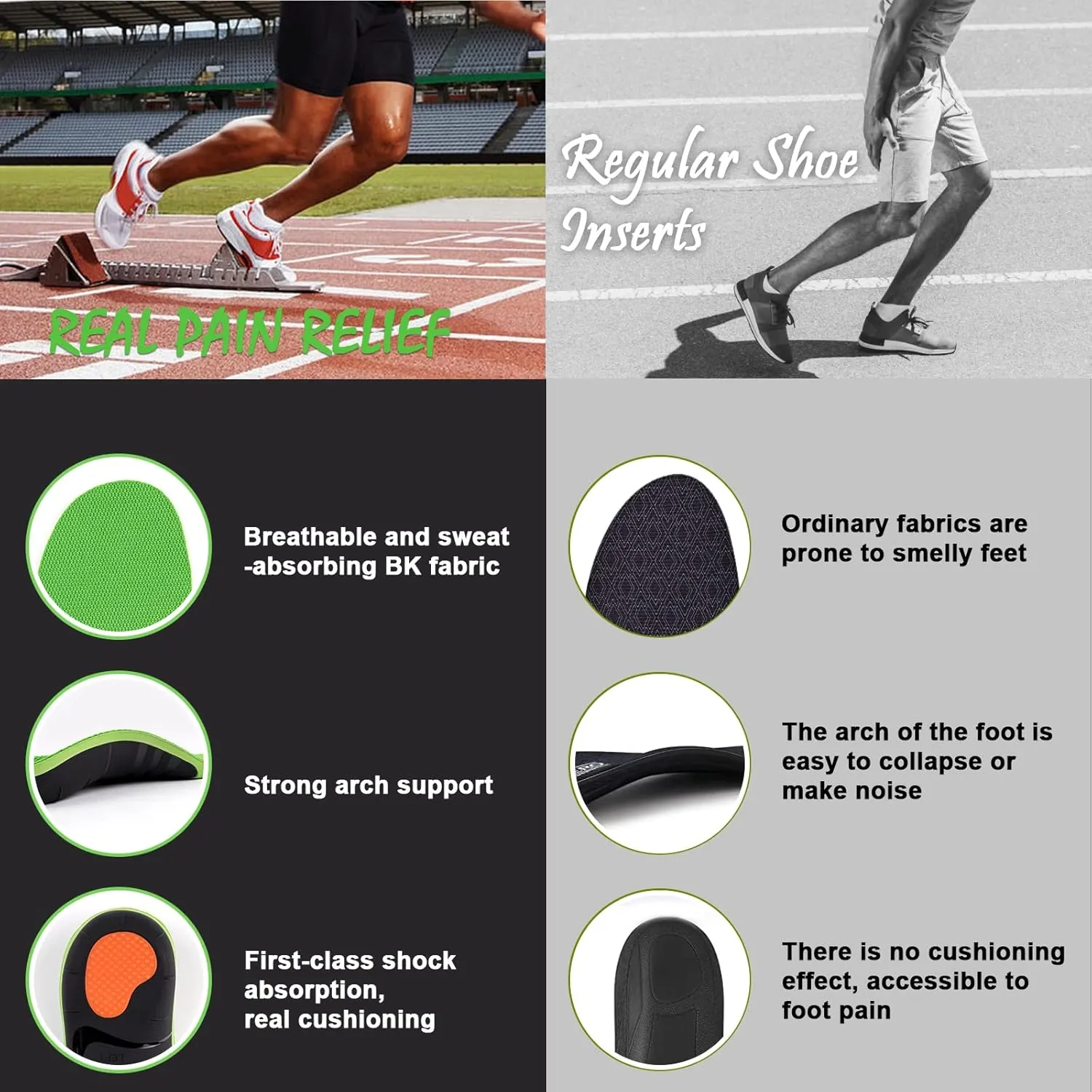 Arch Support Shoe Inserts for Women Men - Pain Relief Insoles for Standing All Day, Heavy Duty Support for Flat Feet, High Arch - Shock Absorbing Plantar Fasciitis Relief 220 lbs Green L