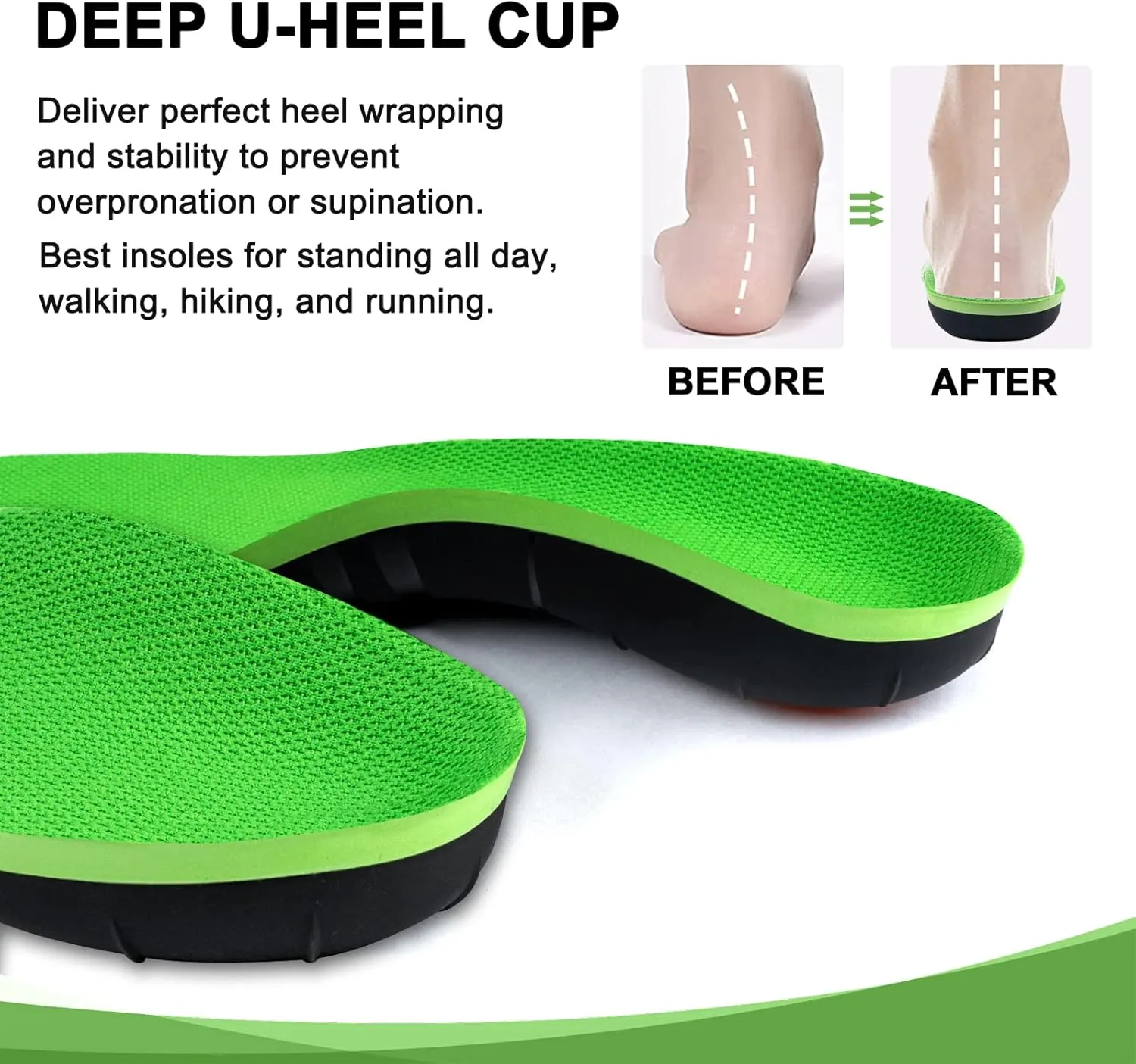 Arch Support Shoe Inserts for Women Men - Pain Relief Insoles for Standing All Day, Heavy Duty Support for Flat Feet, High Arch - Shock Absorbing Plantar Fasciitis Relief 220 lbs Green L
