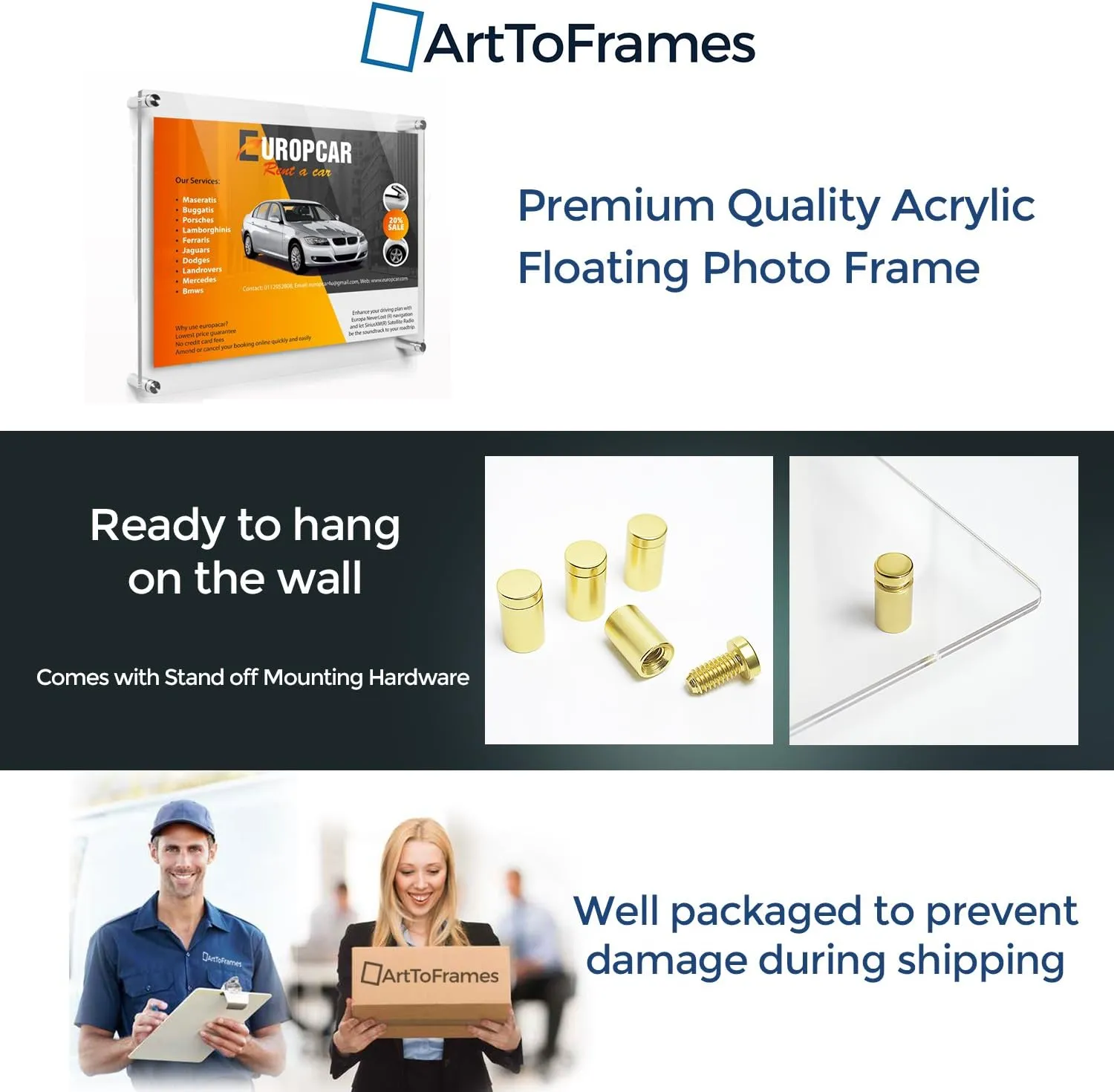 ArtToFrames Floating Acrylic Frame for Pictures Up to 5x7 inches (Full Frame is 9x11) with Gold Standoff Wall Mount Hardware, Acrylic-109-5x7-71