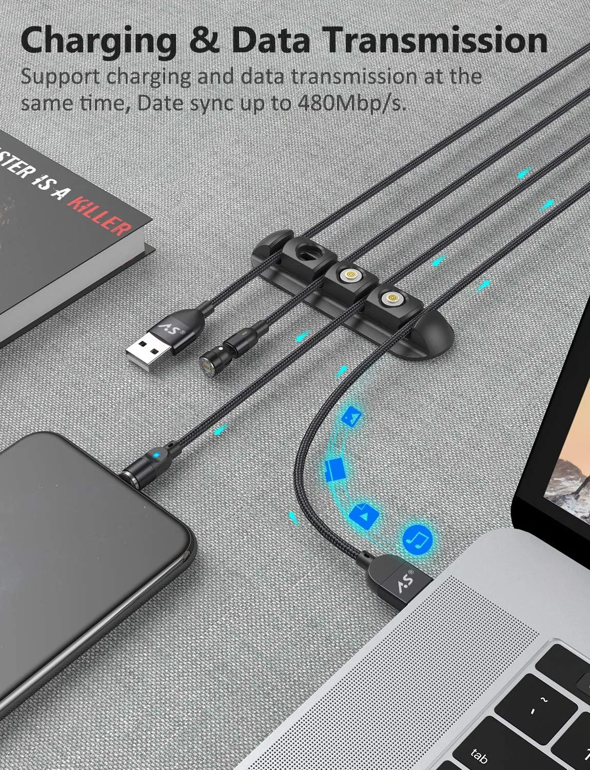 A.S Magnetic Cable 3A Fast Charging Data Sync Magnetic Cable Magnetic Phone Charger for Micro USB, Type C Smartphones(3.3ft 3.3ft 6.6ft 6.6ft,Black)