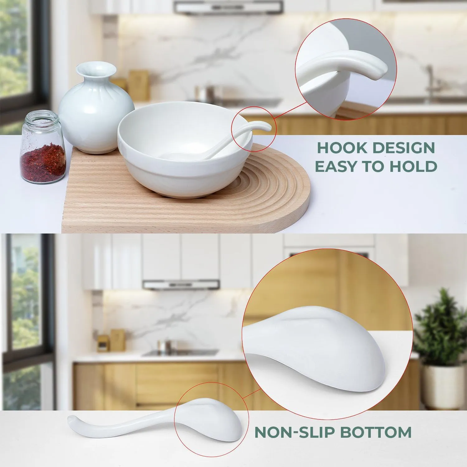 Asian Ceramic Soup Spoon, with Long Handle Easy to Hold, Non-slip Bottom, for Japanese Ramen, Chinese and Vietnamese Wonton, Noodle Soup Spoons (V88)