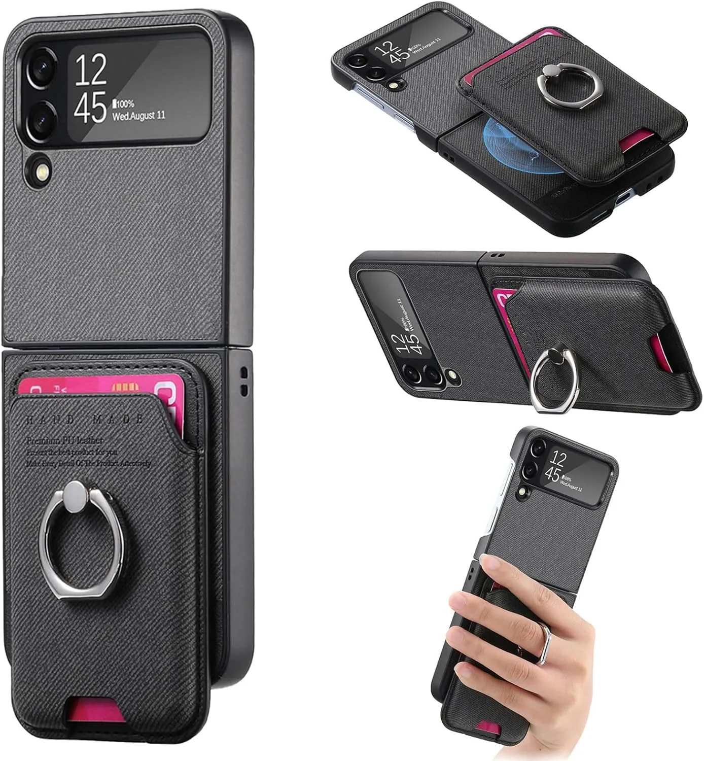 Asuwish Compatible with Samsung Galaxy Z Flip 4 5G 2022 Wallet Case and Detachable Card Holder Slot Magnetic Back Protective Case Ring Stand Kickstand Phone Cover for ZFlip4 Z4 Flip4 Women Men Black