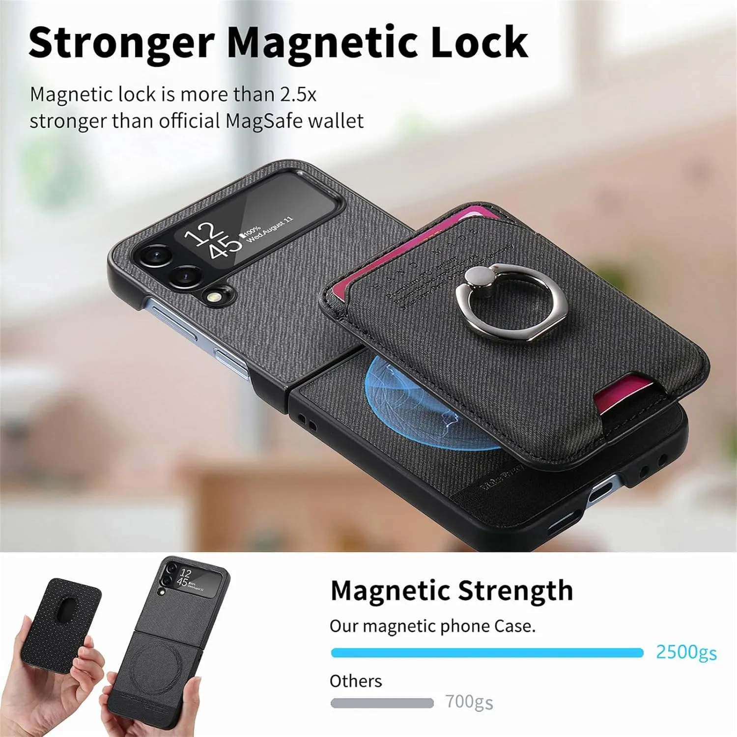 Asuwish Compatible with Samsung Galaxy Z Flip 4 5G 2022 Wallet Case and Detachable Card Holder Slot Magnetic Back Protective Case Ring Stand Kickstand Phone Cover for ZFlip4 Z4 Flip4 Women Men Black