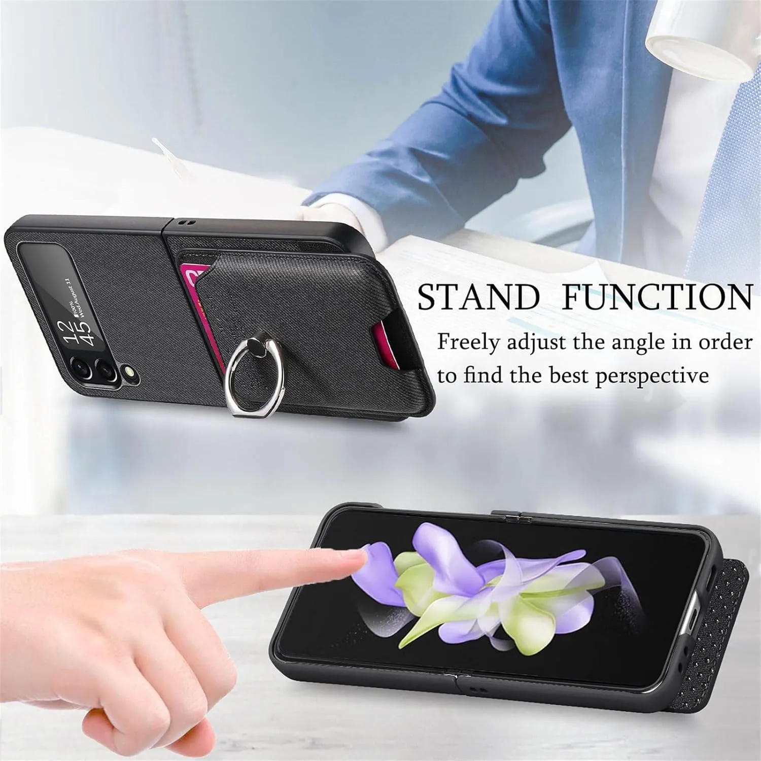 Asuwish Compatible with Samsung Galaxy Z Flip 4 5G 2022 Wallet Case and Detachable Card Holder Slot Magnetic Back Protective Case Ring Stand Kickstand Phone Cover for ZFlip4 Z4 Flip4 Women Men Black